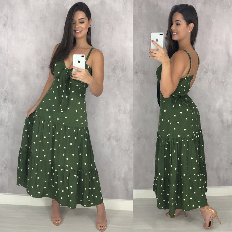 Vestido Camila Midi - Poá Fundo Verde Militar