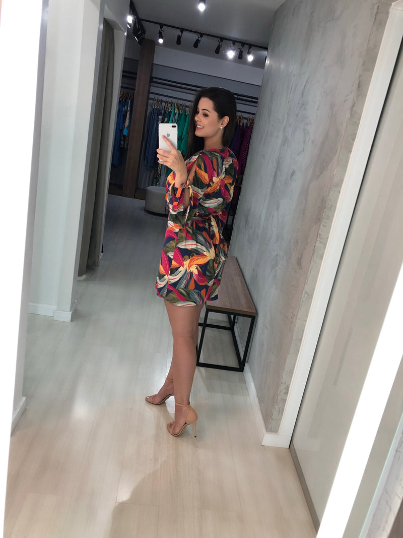 Vestido Marília - Folhas Fundo Azul