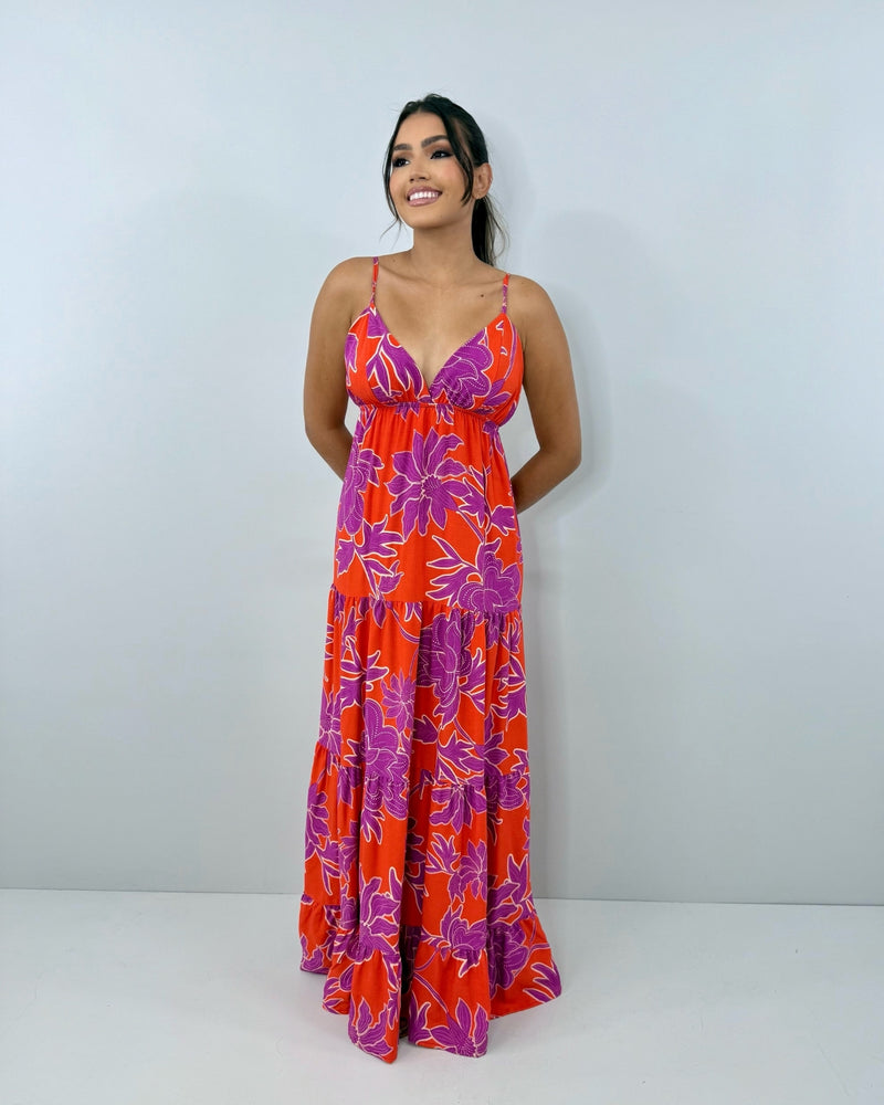 Vestido Sophia - Floral Fundo Laranja