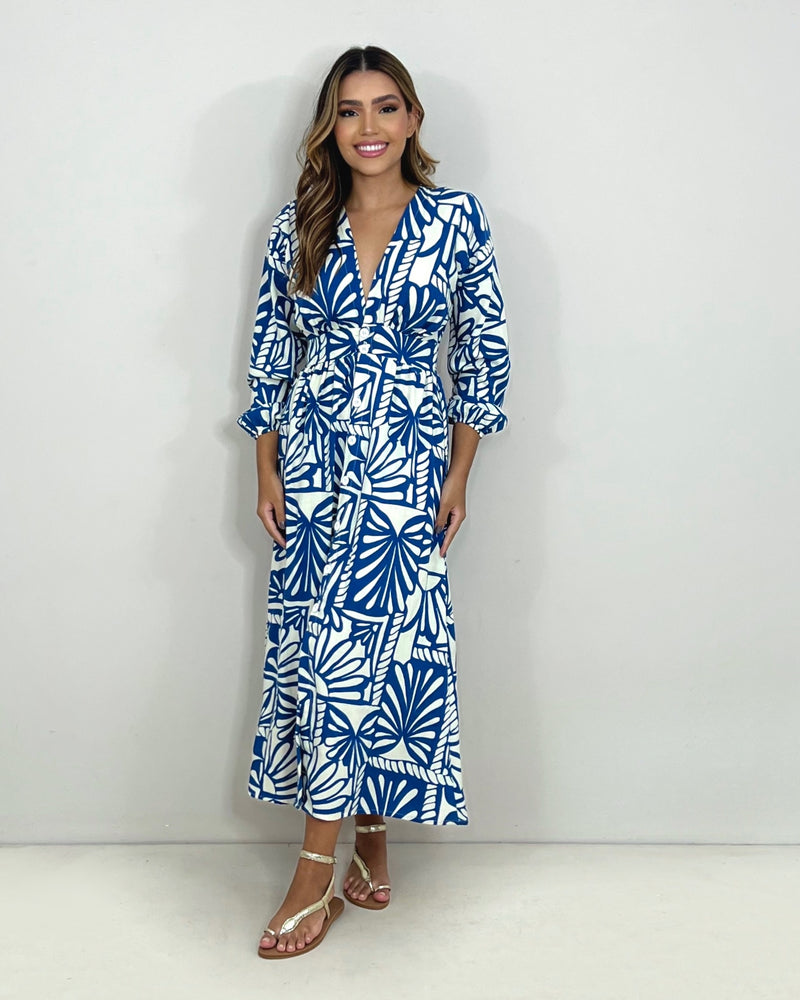 Vestido Clara - Estampa Folha Azul