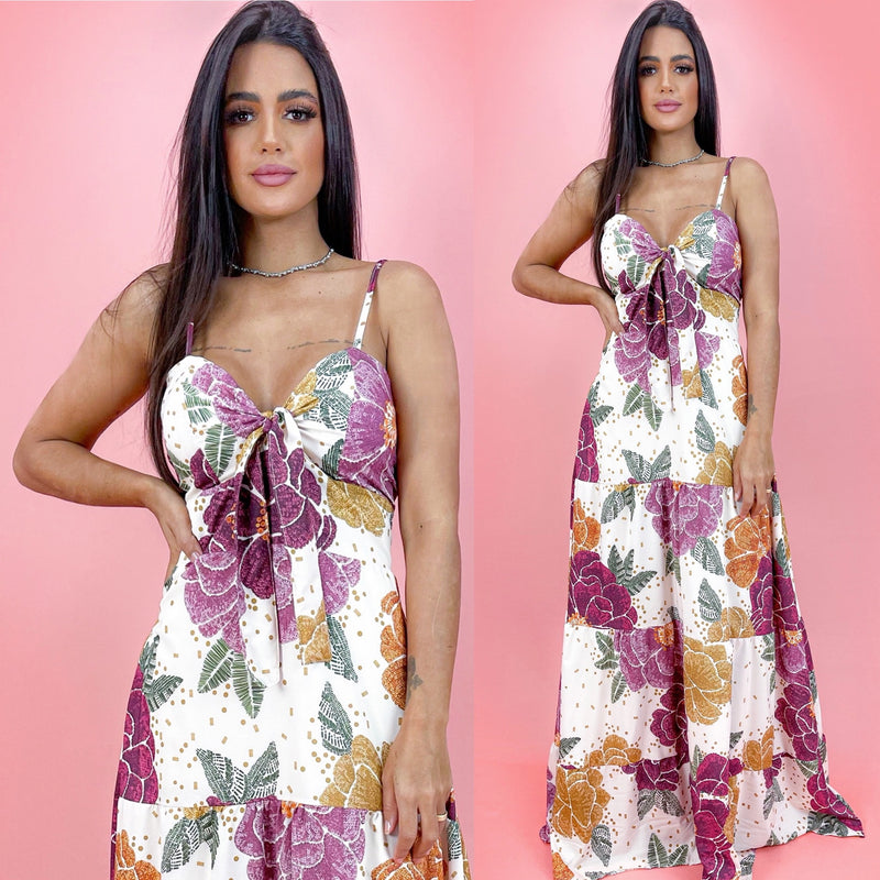 Vestido Camila - Floral Roxo Fundo Offwhite
