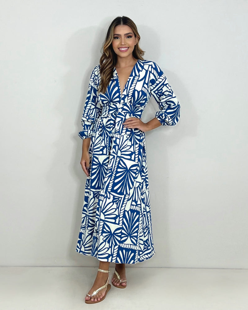 Vestido Clara - Estampa Folha Azul