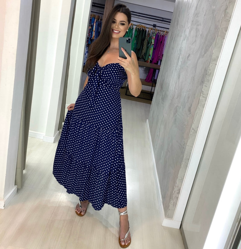 Vestido Camila Midi - Poá Azul Marinho