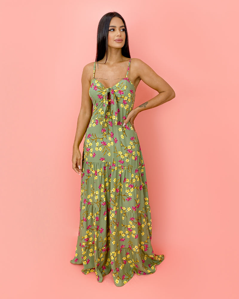 Vestido Camila - Floral Fundo Verde Militar
