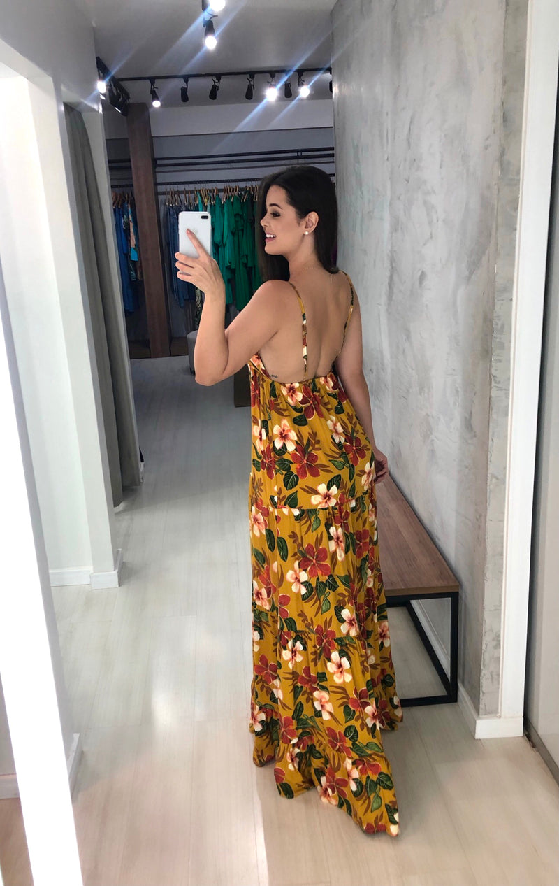 Vestido Sophia - Floral Fundo Mostarda