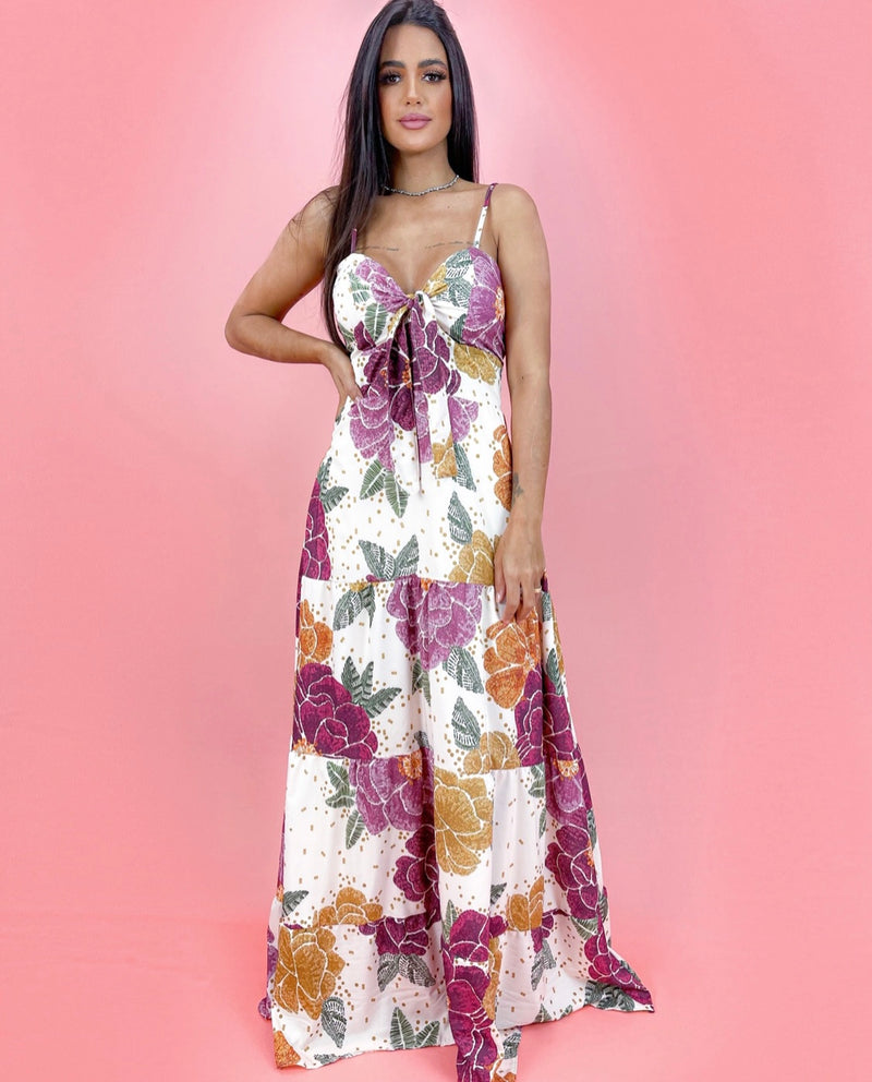 Vestido Camila - Floral Roxo Fundo Offwhite