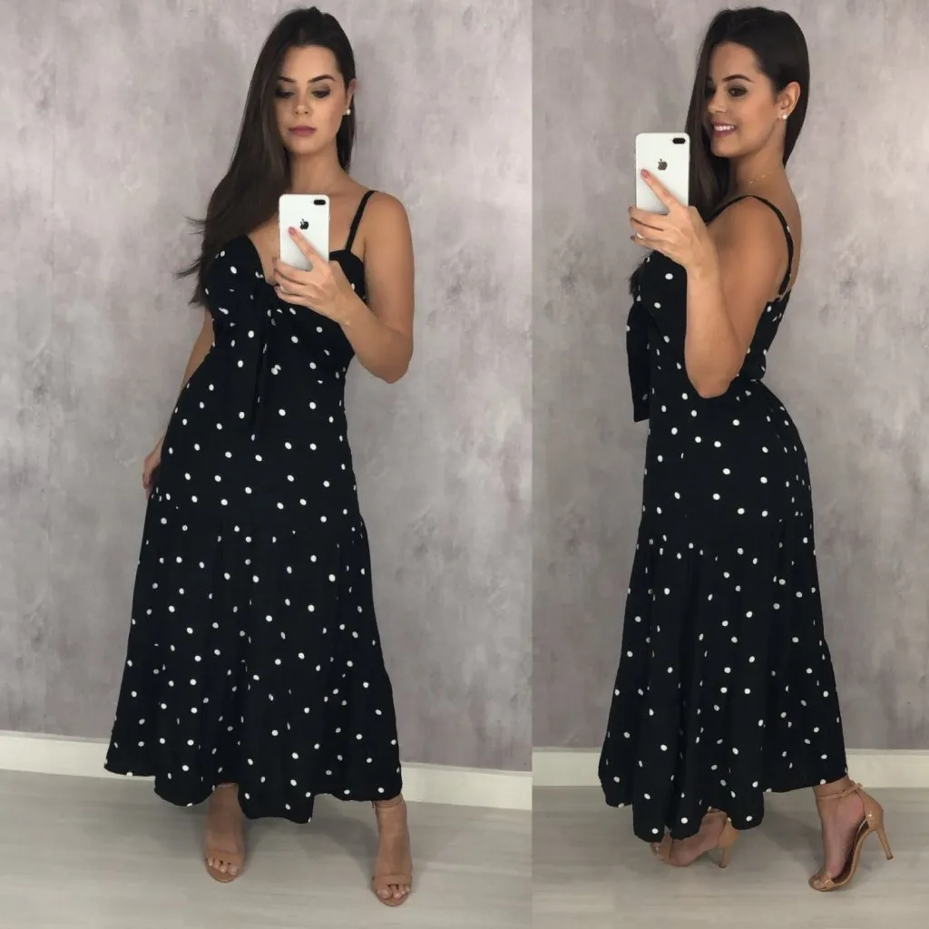 Vestido Camila Midi - Poá Fundo Preto