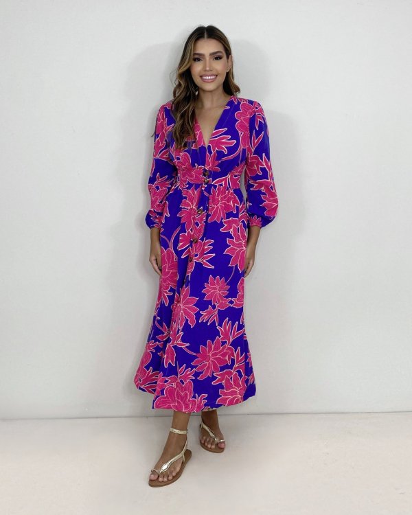 Vestido Clara - Floral Fundo Azul - Imagem 2