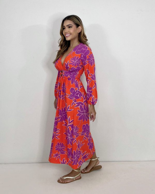 Vestido Clara - Floral Fundo Laranja - Imagem 2