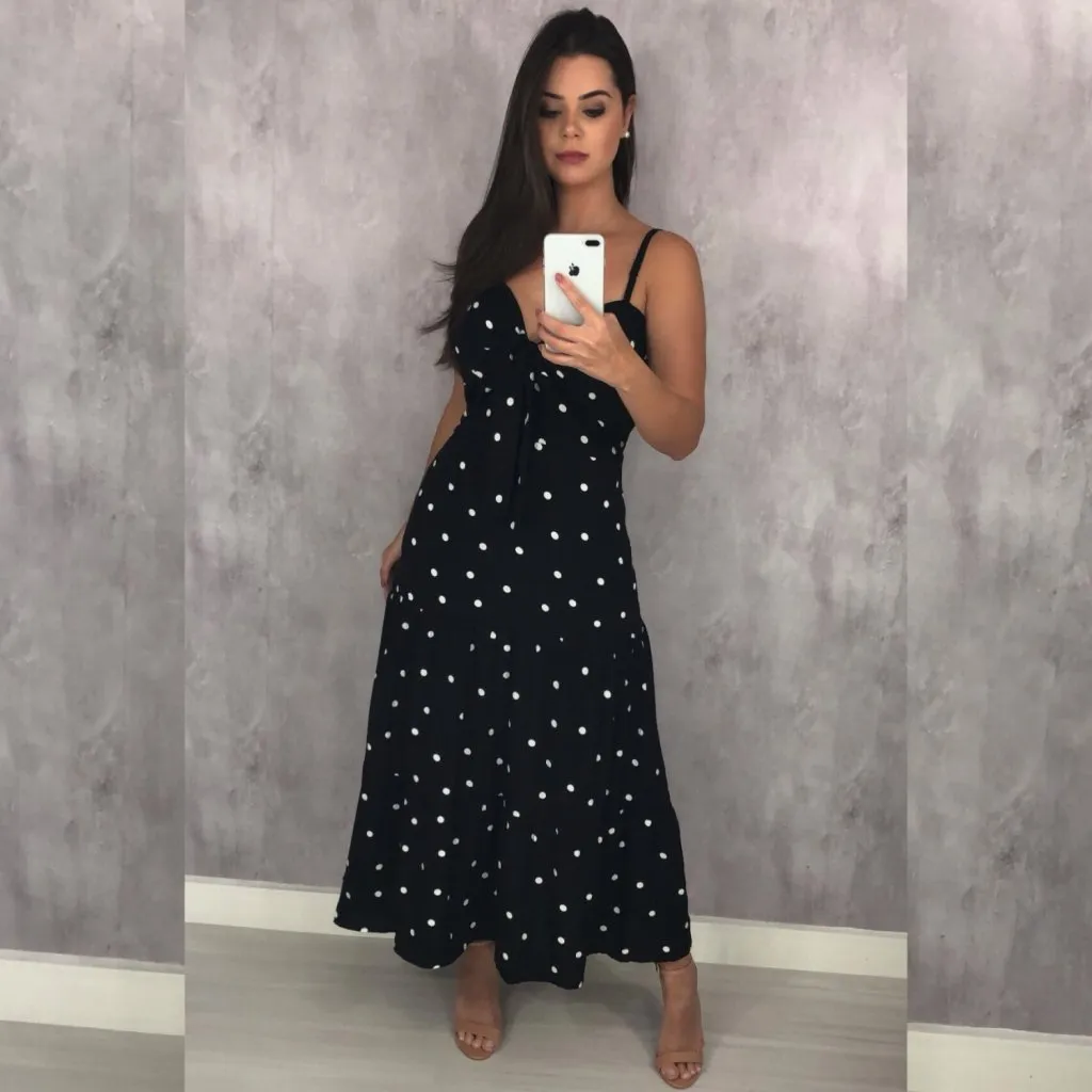 Vestido Camila Midi - Poá Fundo Preto