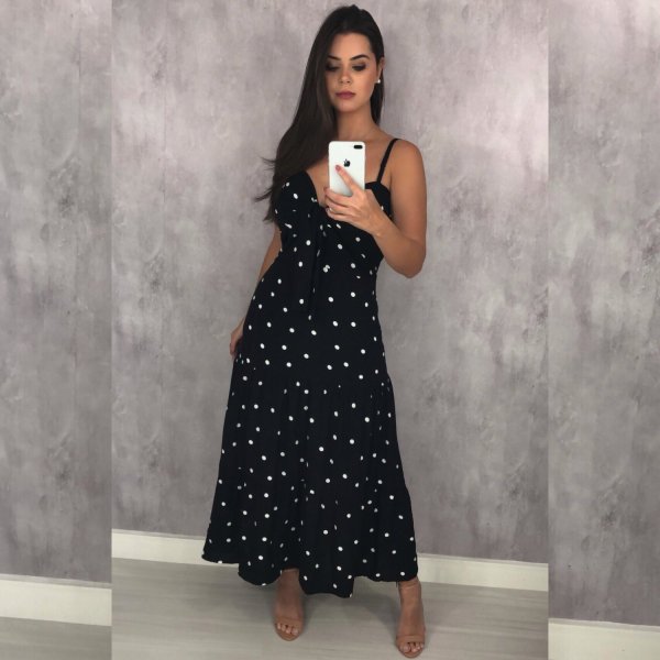 Vestido Camila Midi - Poá Fundo Preto