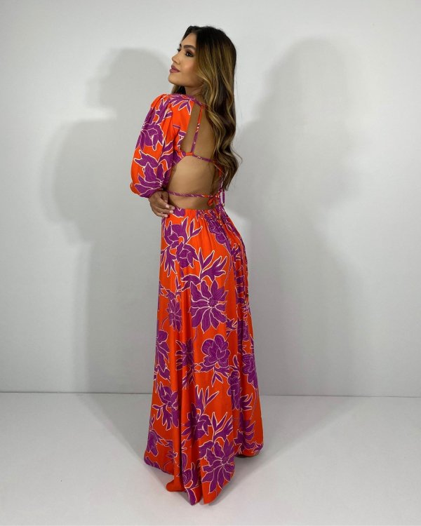 Vestido Giza - Floral Fundo Laranja - Imagem 3