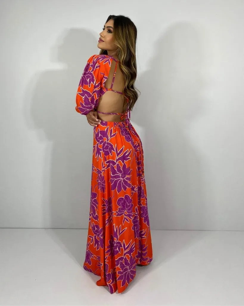 Vestido Giza - Floral Fundo Laranja