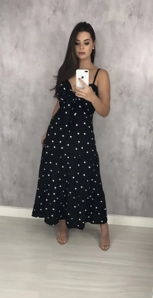 Vestido Camila Midi - Poá Fundo Preto