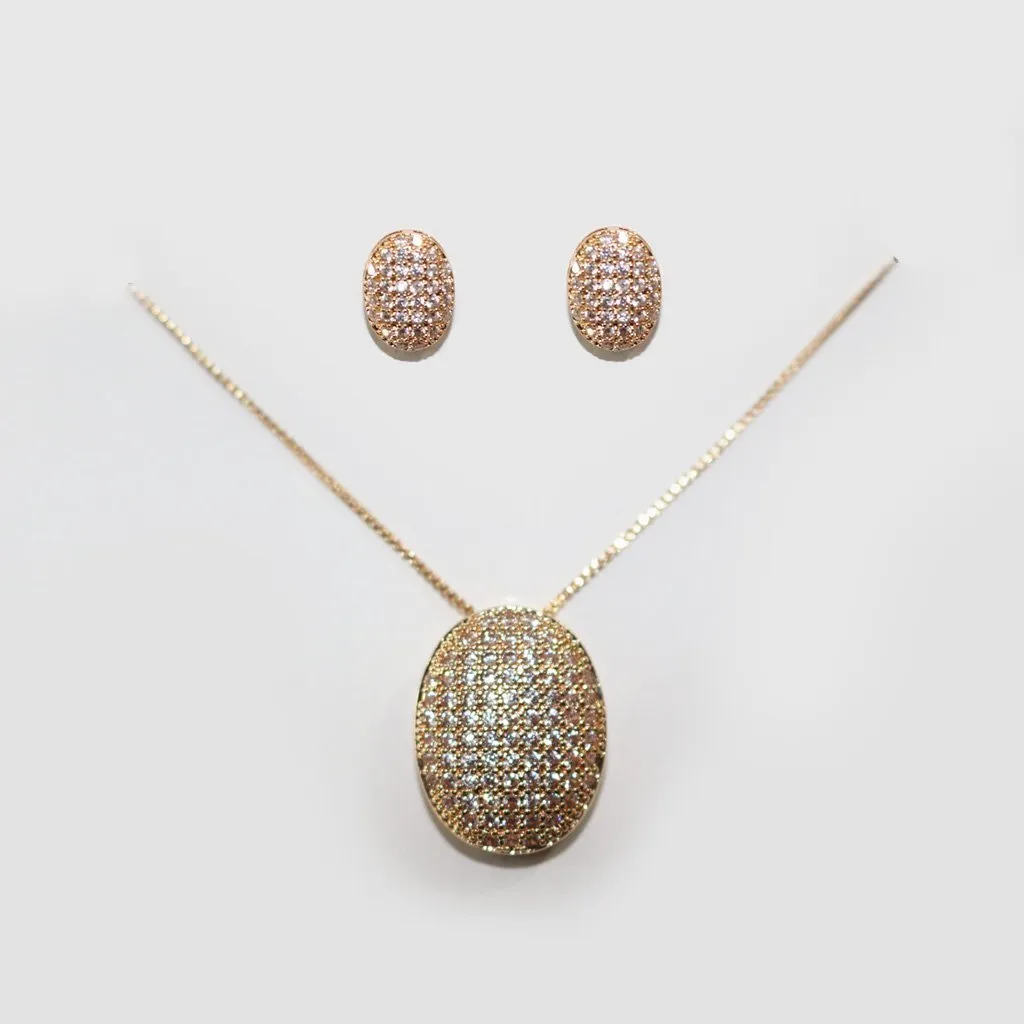 Conjunto Oval Dourado Cravejado (Brinco + Colar)