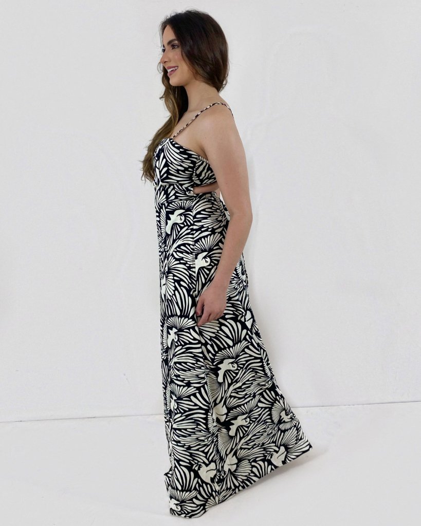 Vestido Naiane Longo - Estampado Fundo Preto