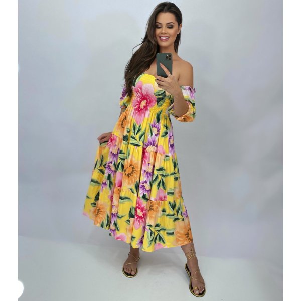 Vestido Nina Midi - Floral Exclusivo Fundo Amarelo