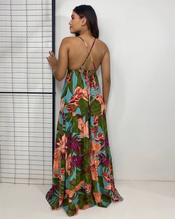 Vestido Sophia - Floral Fundo Azul Turquesa - Imagem 2