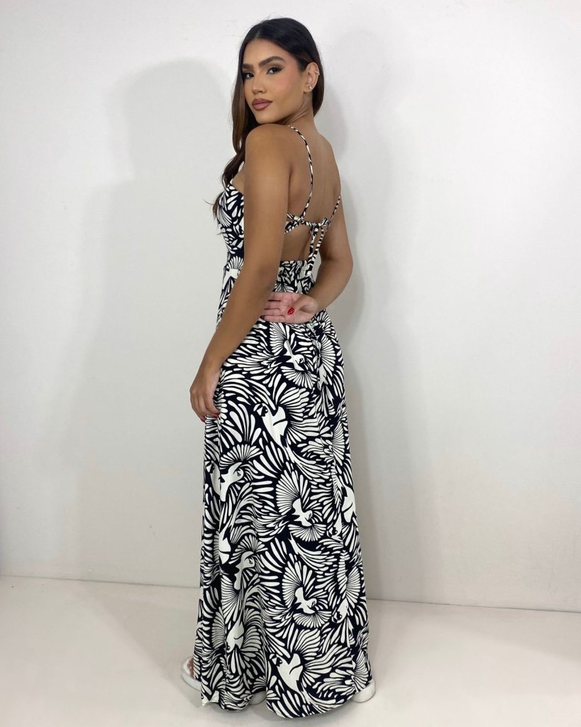 Vestido Naiane Longo - Estampado Fundo Preto