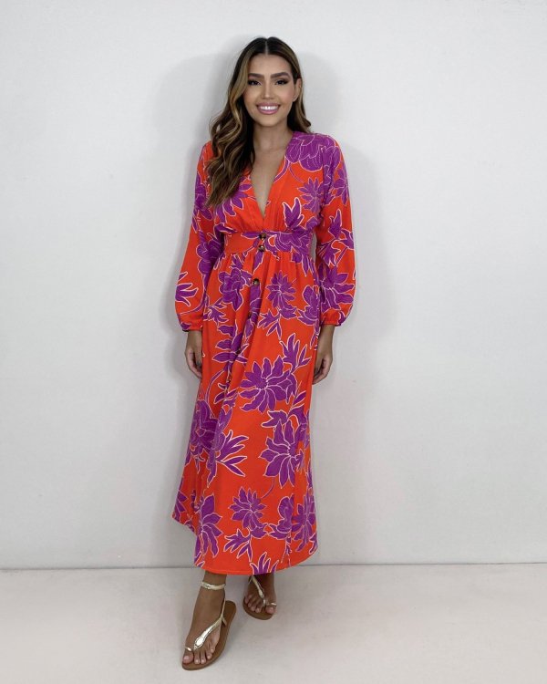 Vestido Clara - Floral Fundo Laranja