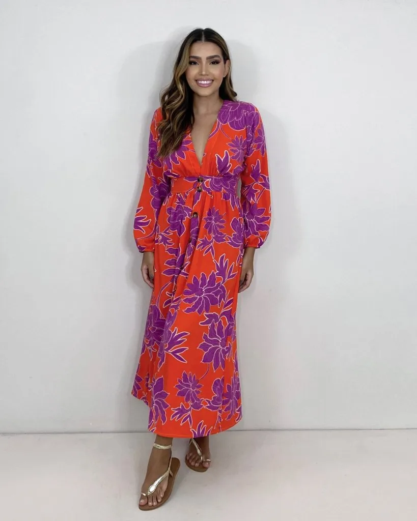 Vestido Clara - Floral Fundo Laranja