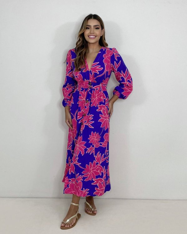 Vestido Clara - Floral Fundo Azul