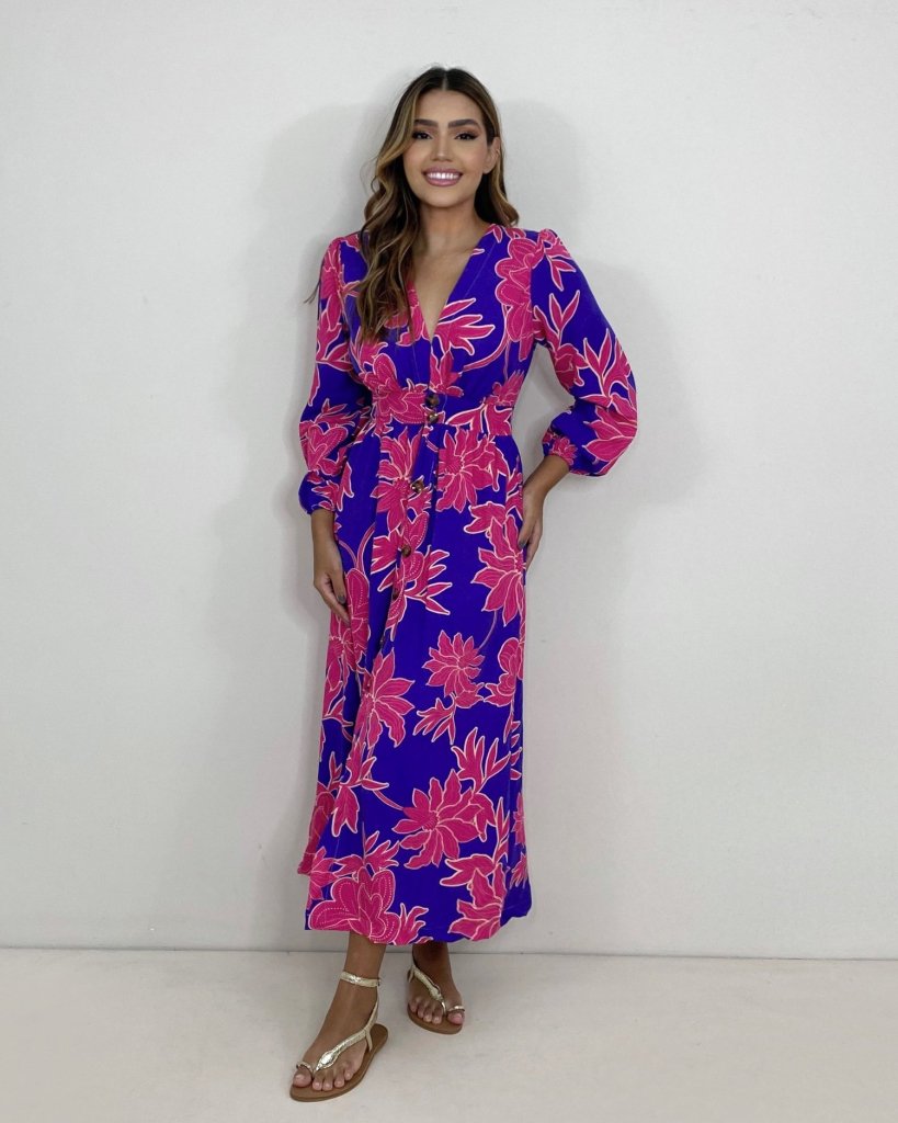 Vestido Clara - Floral Fundo Azul