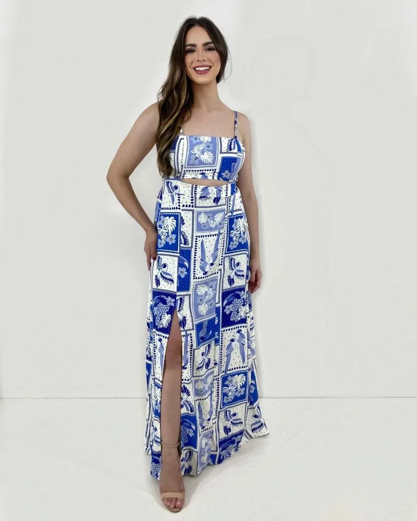 Vestido Naiane Longo - Estampado Fundo Azul