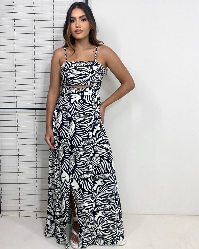 Vestido Naiane Longo - Estampado Fundo Preto