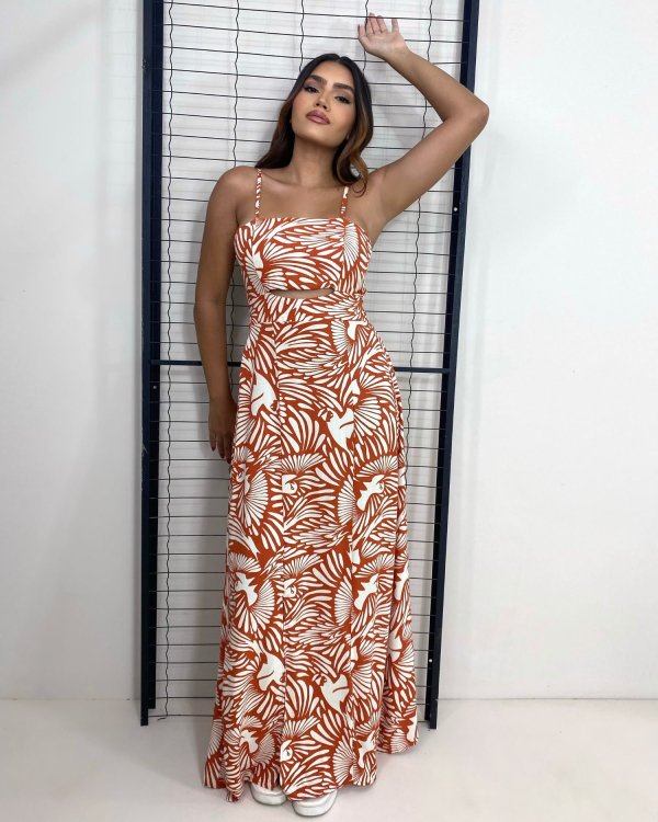 Vestido Naiane Longo - Estampado Fundo Laranja