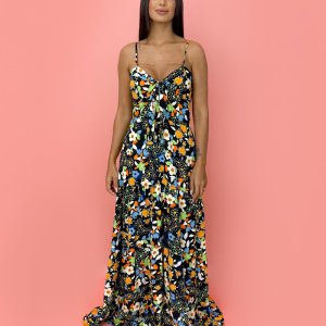Vestido Camila - Floral Colorido Fundo Preto - Image 1