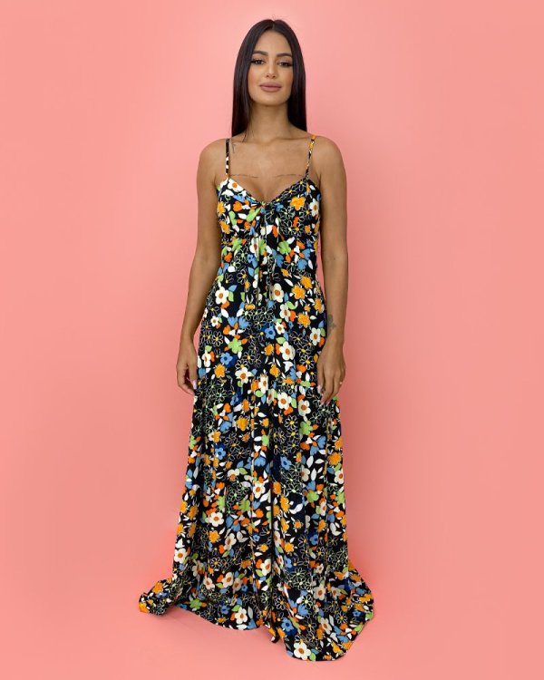 Vestido Camila - Floral Colorido Fundo Preto