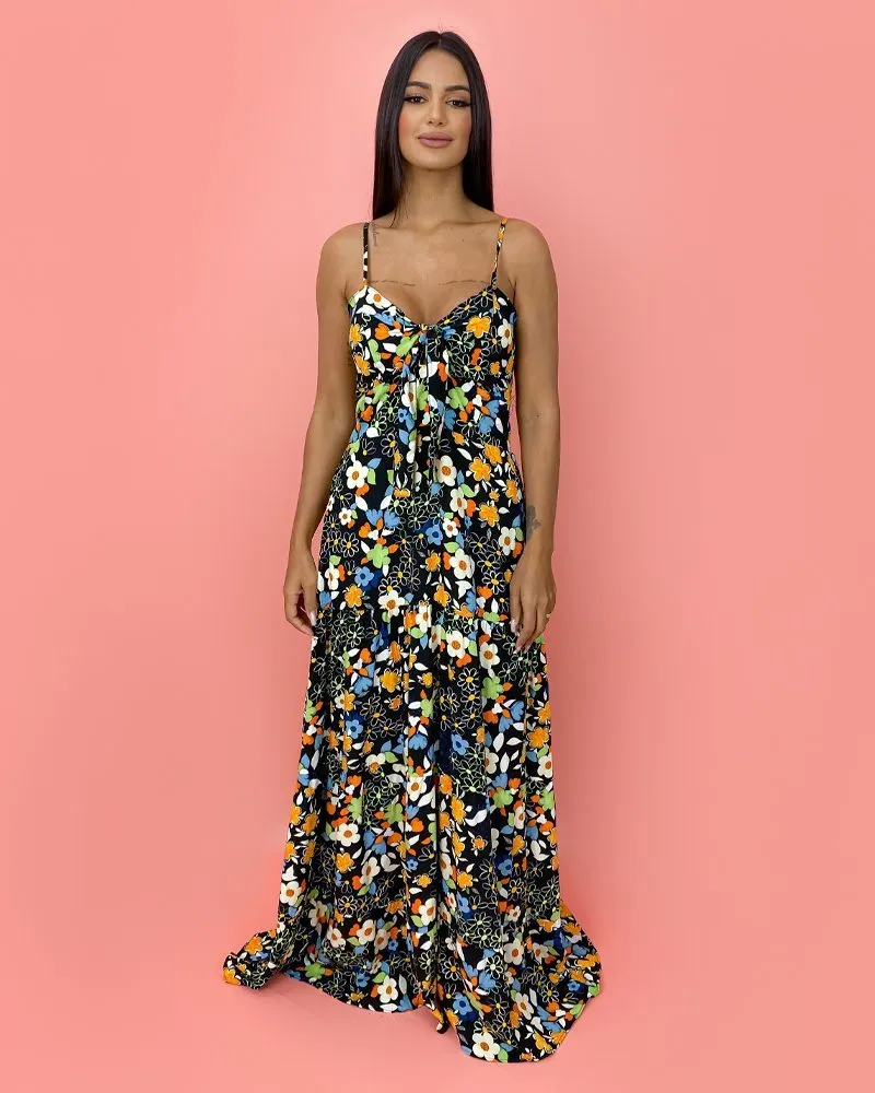 Vestido Camila - Floral Colorido Fundo Preto