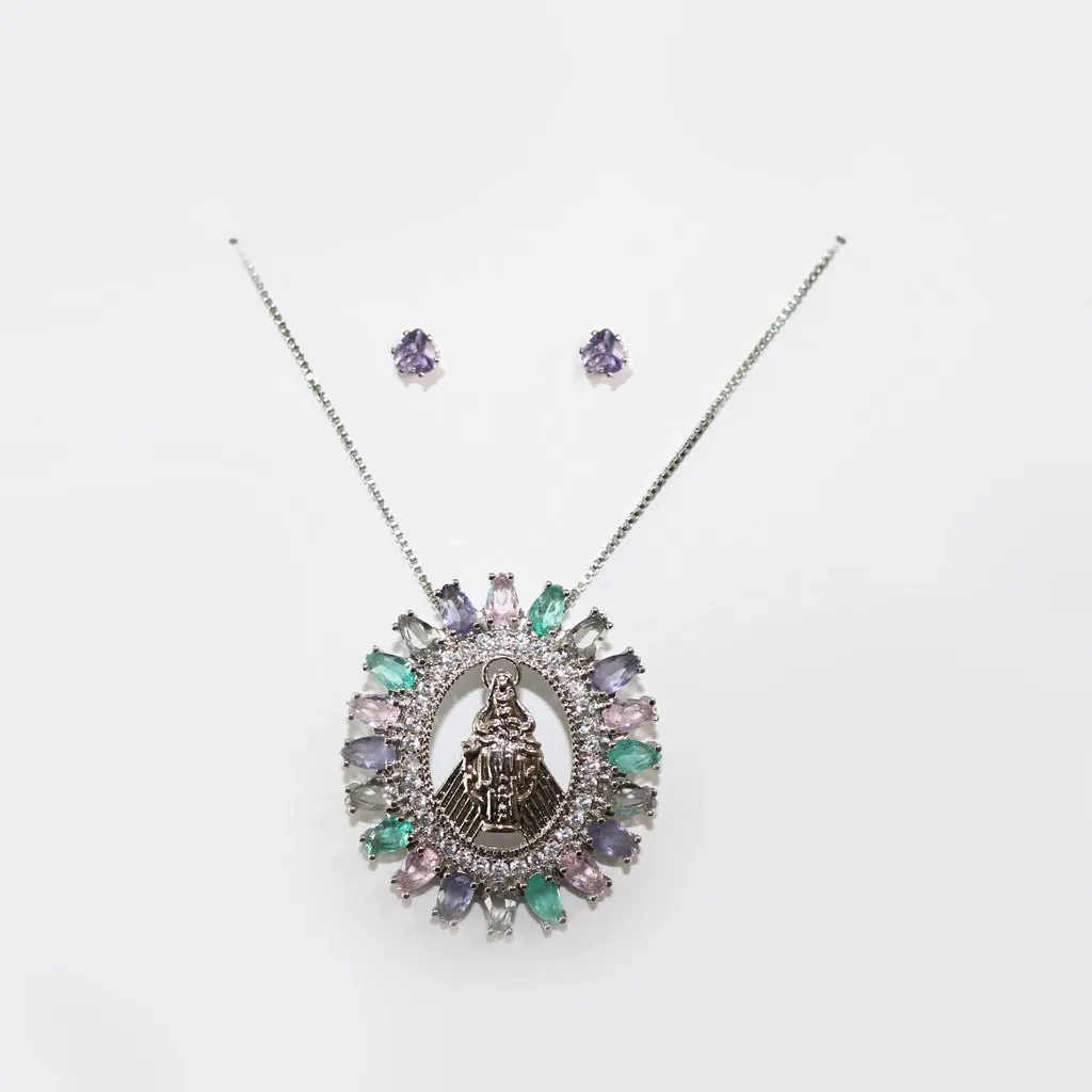 Conjunto Nossa Senhora Prata Colorido (Brinco + Colar)