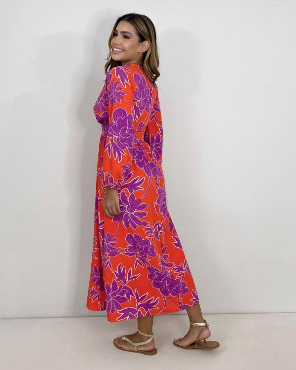 Vestido Clara - Floral Fundo Laranja - Imagem 3