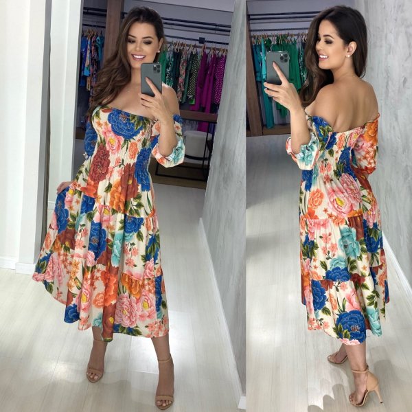 Vestido Nina Midi - Floral Fundo Bege