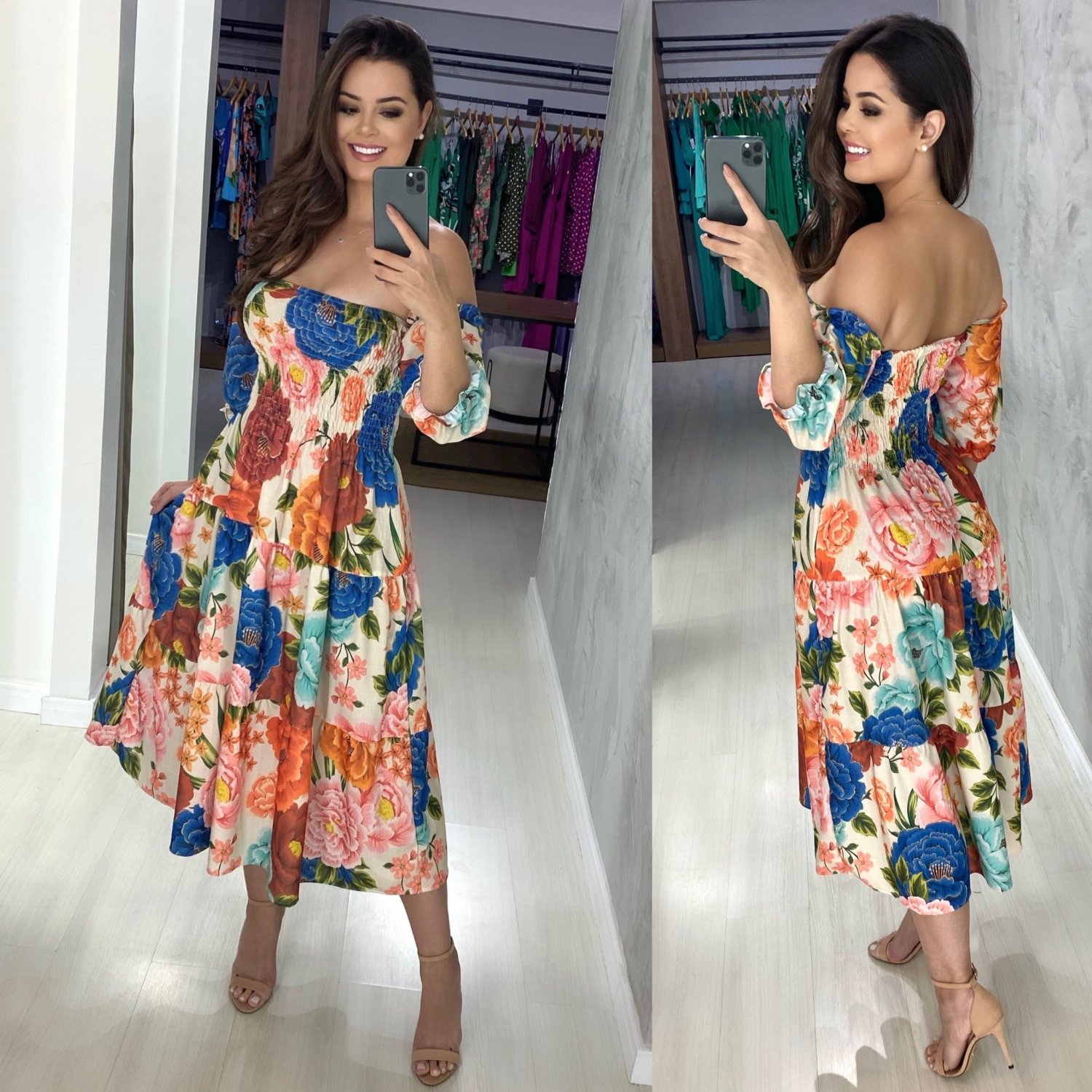 Vestido Nina Midi - Floral Fundo Bege - Image 2