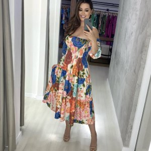 Vestido Nina Midi - Floral Fundo Bege - Image 1