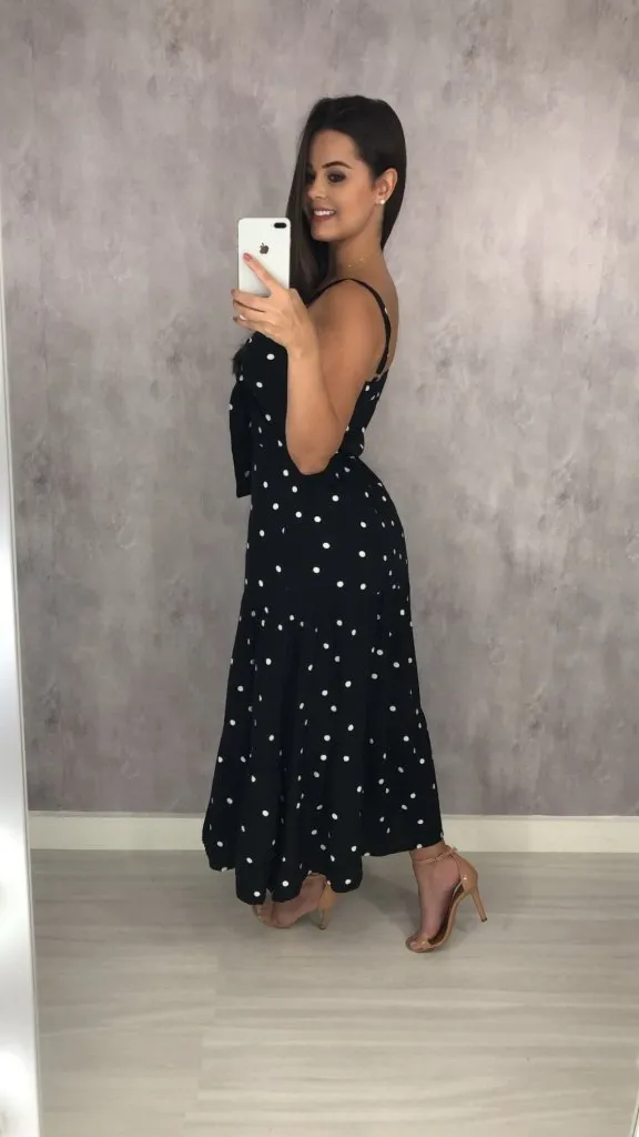 Vestido Camila Midi - Poá Fundo Preto