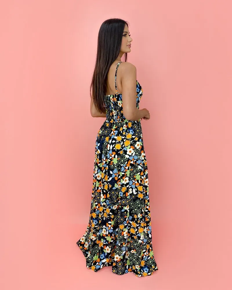 Vestido Camila - Floral Colorido Fundo Preto