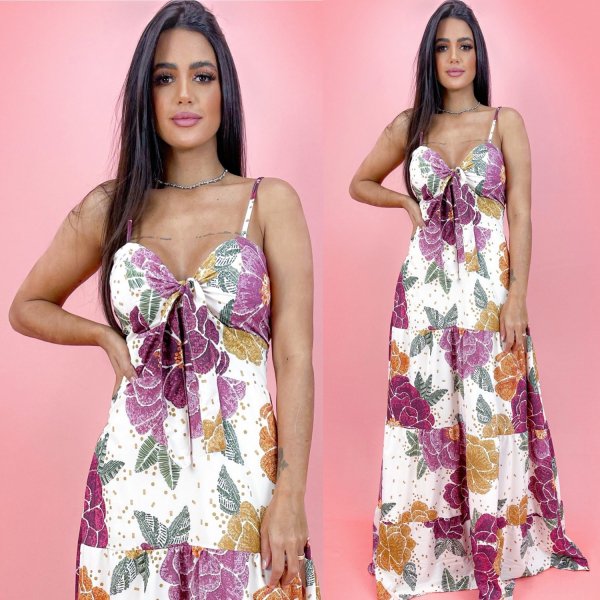 Vestido Camila - Floral Roxo Fundo Offwhite - Imagem 3