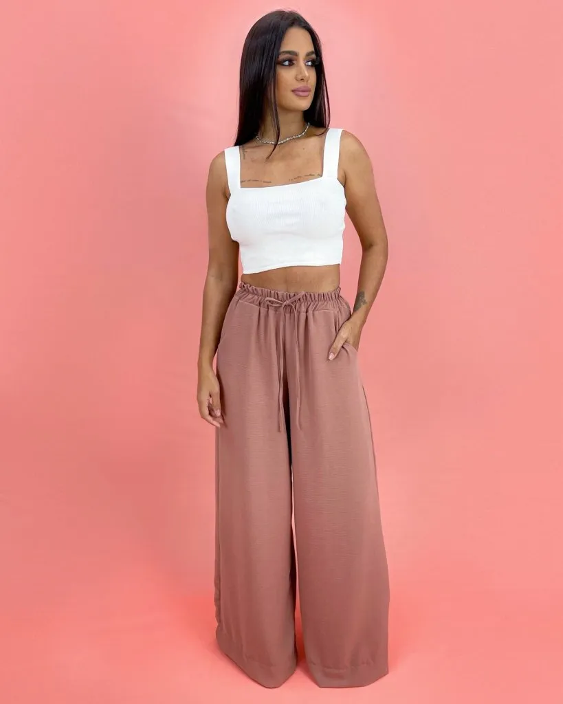 Calça Pantalona em Duna - Nude