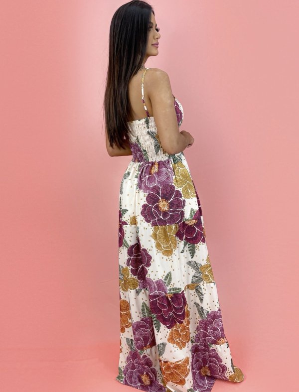 Vestido Camila - Floral Roxo Fundo Offwhite - Imagem 2