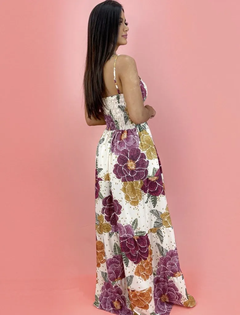 Vestido Camila - Floral Roxo Fundo Offwhite