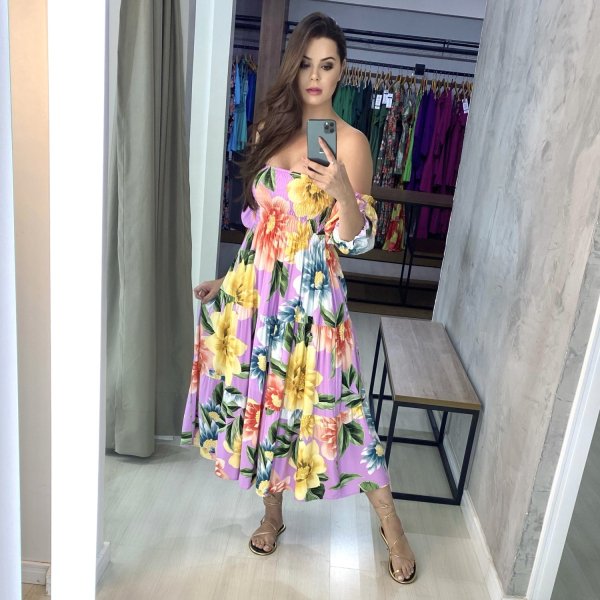 Vestido Nina Midi - Floral Exclusivo Fundo Lilás