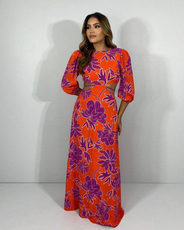 Vestido Giza - Floral Fundo Laranja