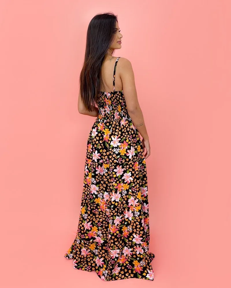 Vestido Camila - Primavera Fundo Preto