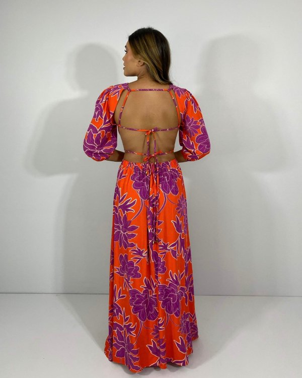 Vestido Giza - Floral Fundo Laranja - Imagem 4