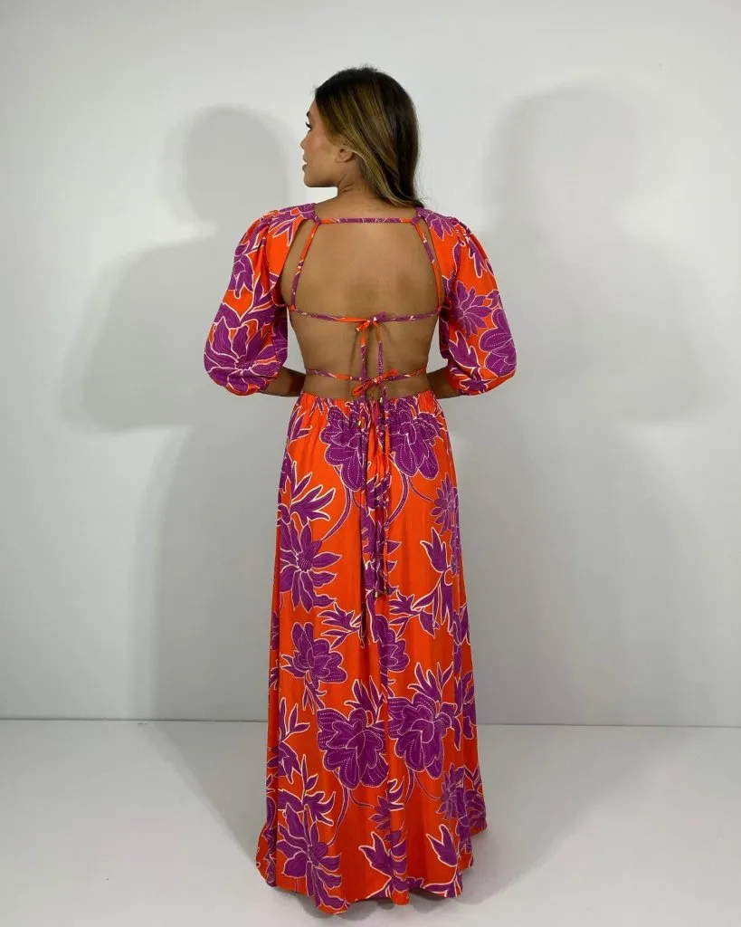 Vestido Giza - Floral Fundo Laranja