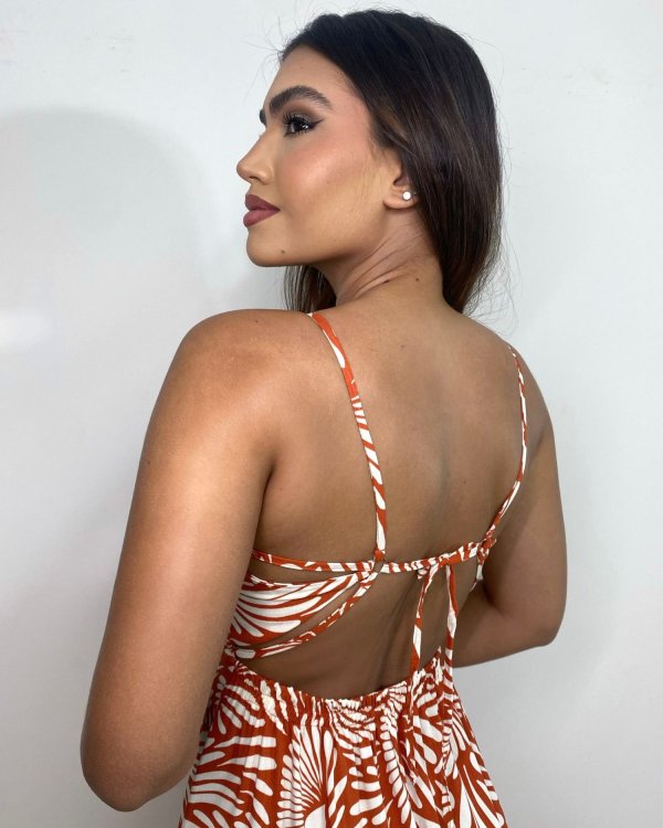 Vestido Naiane Longo - Estampado Fundo Laranja - Imagem 2